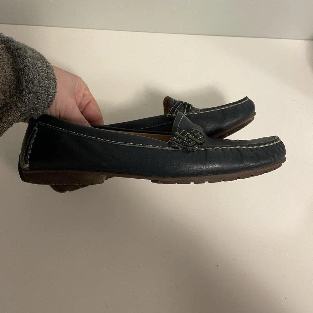 L.L..Bean Women's Sz8.5M‎ Classic Navy Loafers Driving Moccasins Leather Buckles